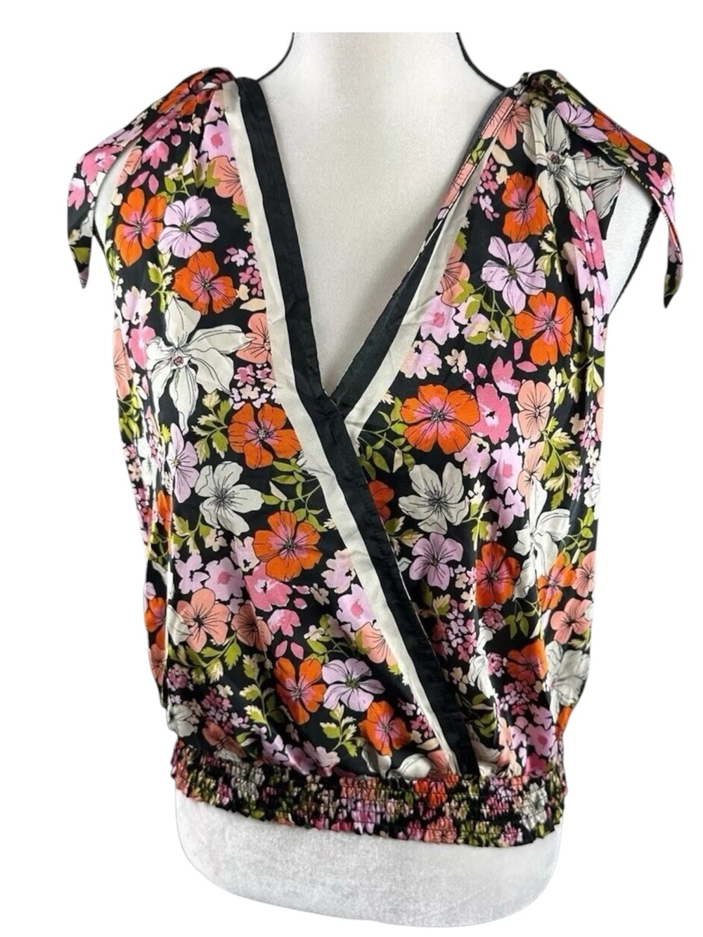 Joie NWOT Black Multi Floral‎ Tie Shoulder V Neck Casual Wrap Top Tank  XS
